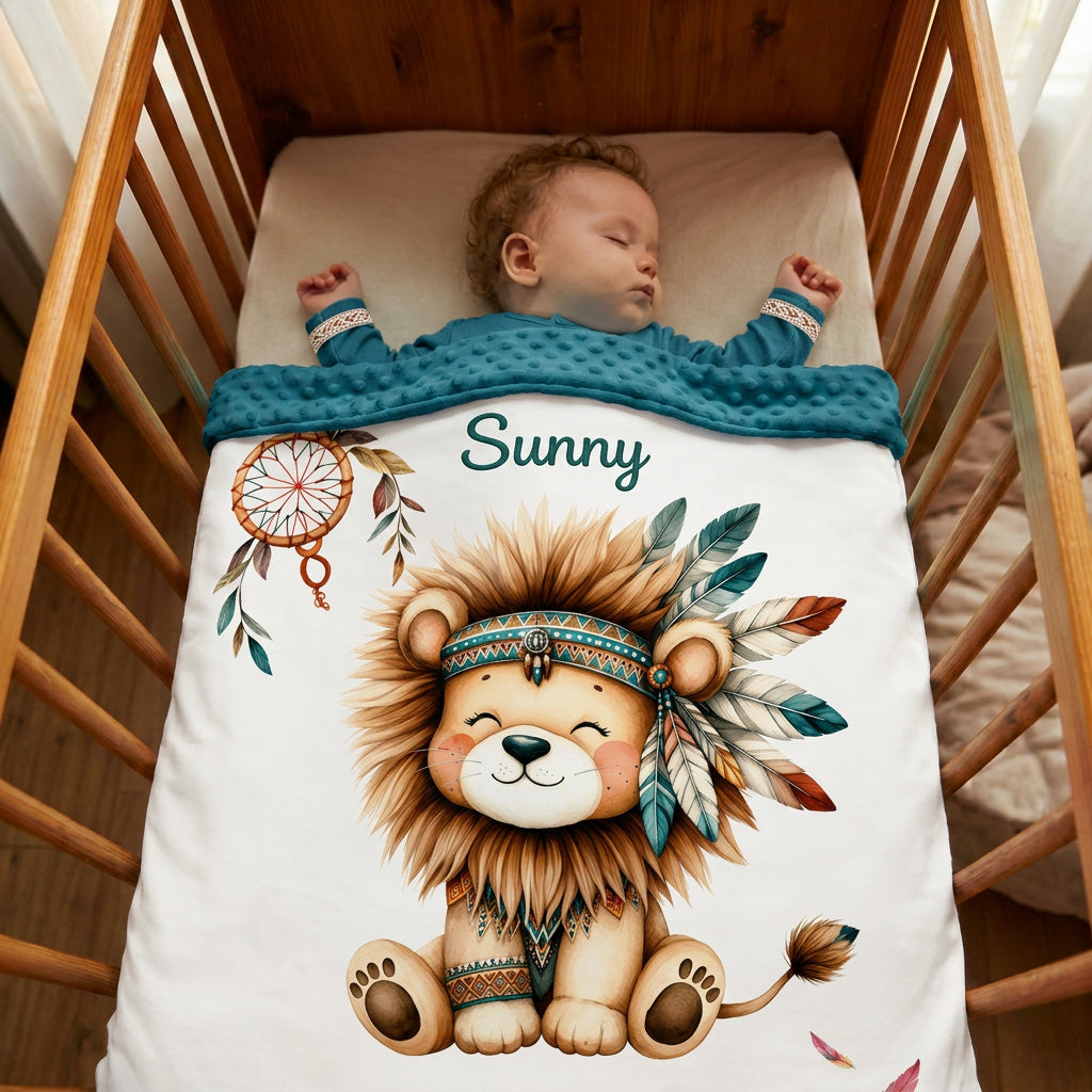 Couverture Plaid Bébé | Lion Boho Indien | 70cm x 95cm | A Personnaliser