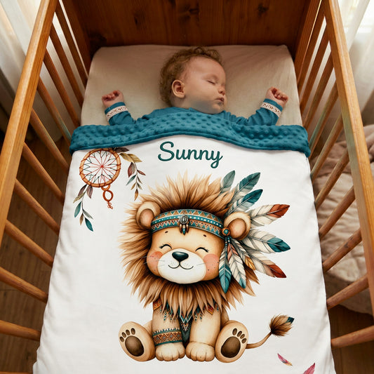 Couverture Plaid Bébé | Lion Boho Indien | 70cm x 95cm | A Personnaliser