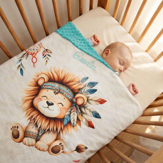 Couverture Plaid Bébé | Lion Boho Indien | 70cm x 95cm | A Personnaliser