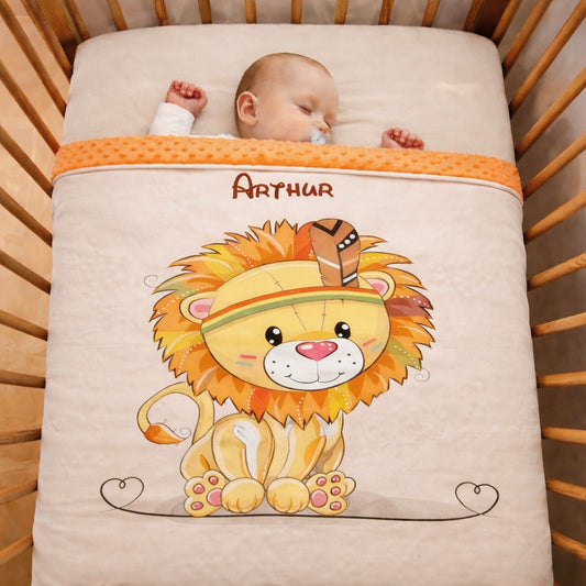 Couverture Plaid Bébé Lion Indien | 70cm x 95cm | Couleur minky au choix