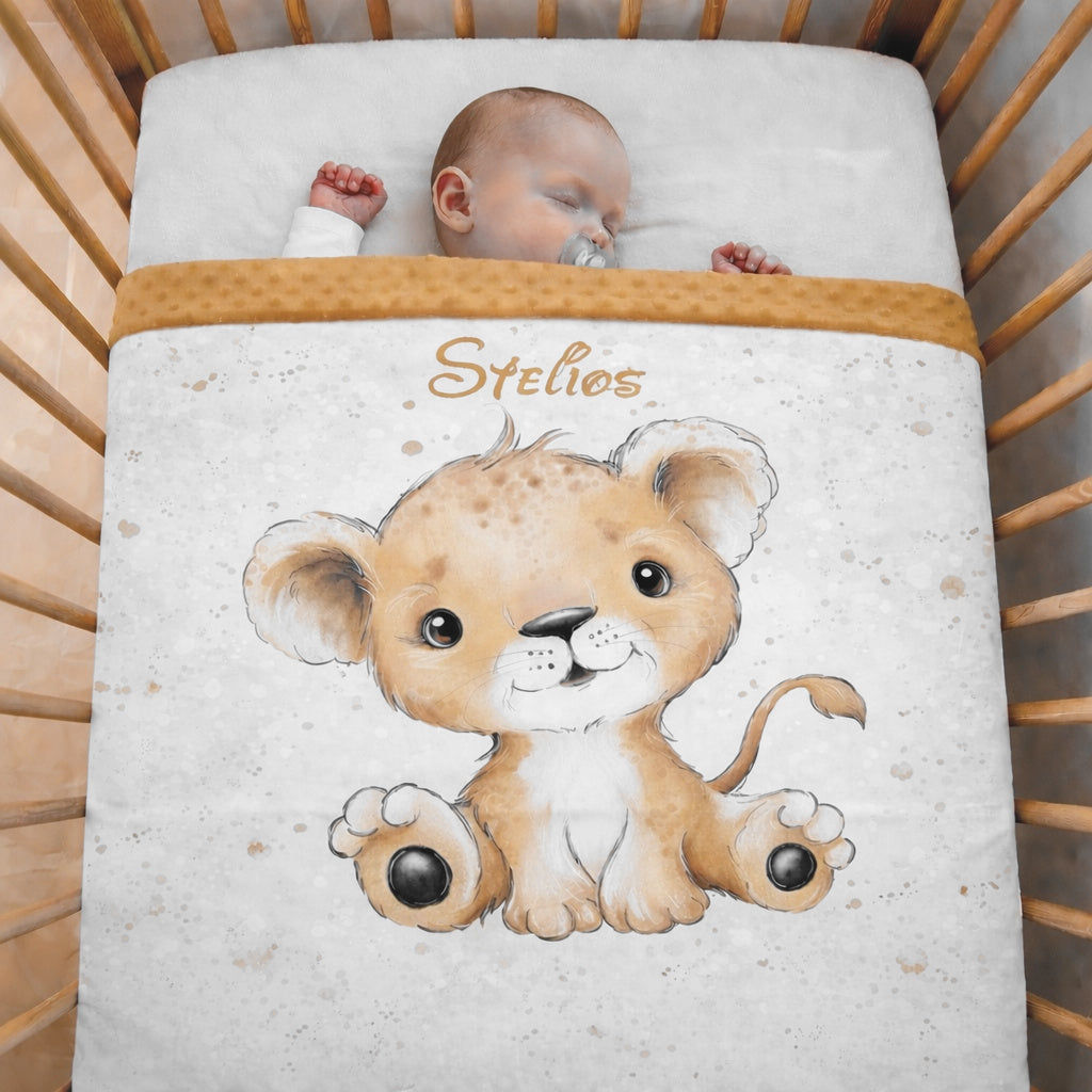 Couverture Plaid Bébé Lion Brun | 70cm x 95cm | Couleur minky au choix