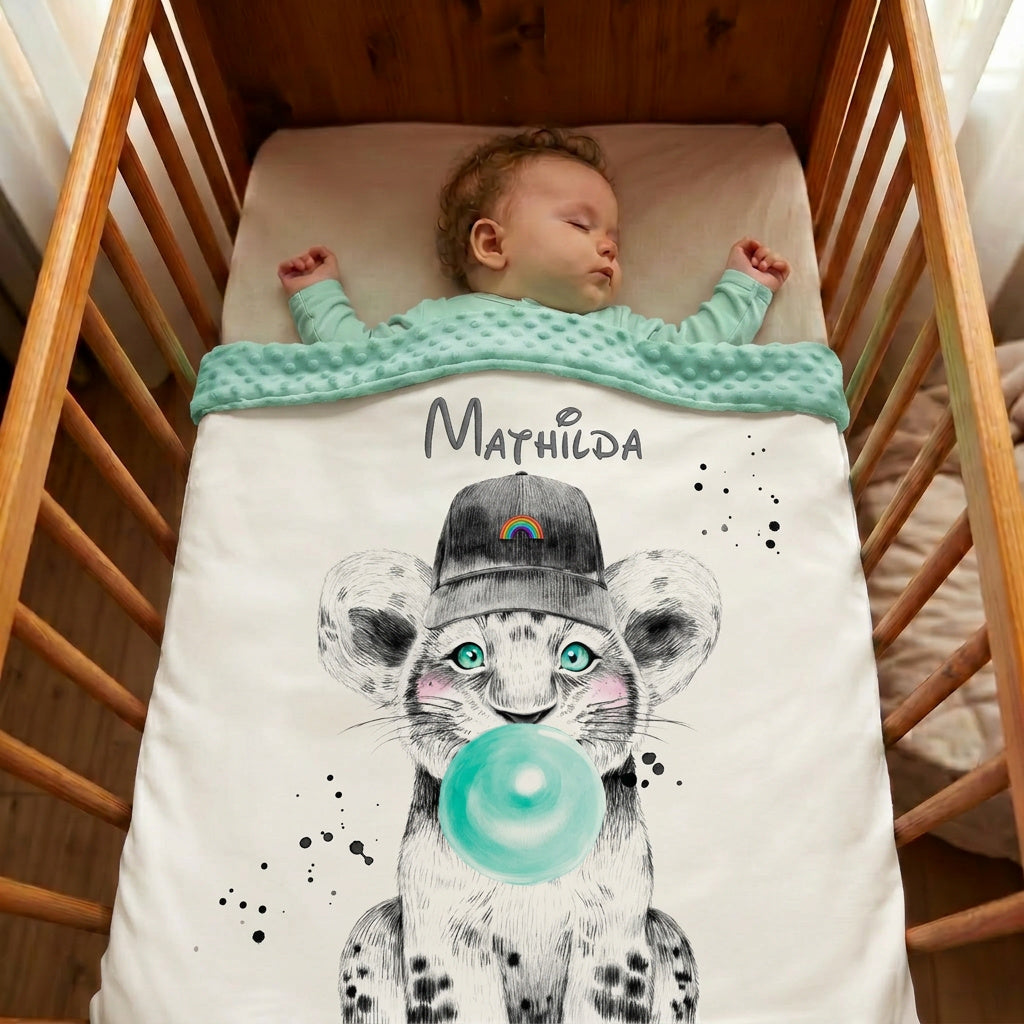 Couverture Plaid Bébé Lionceau Menthe | 70cm x 95cm | Couleur minky au choix