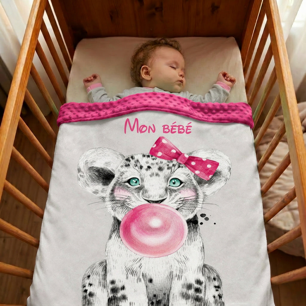 Couverture Plaid Bébé Lionceau Bulle Rose | 70cm x 95cm | Couleur minky au choix