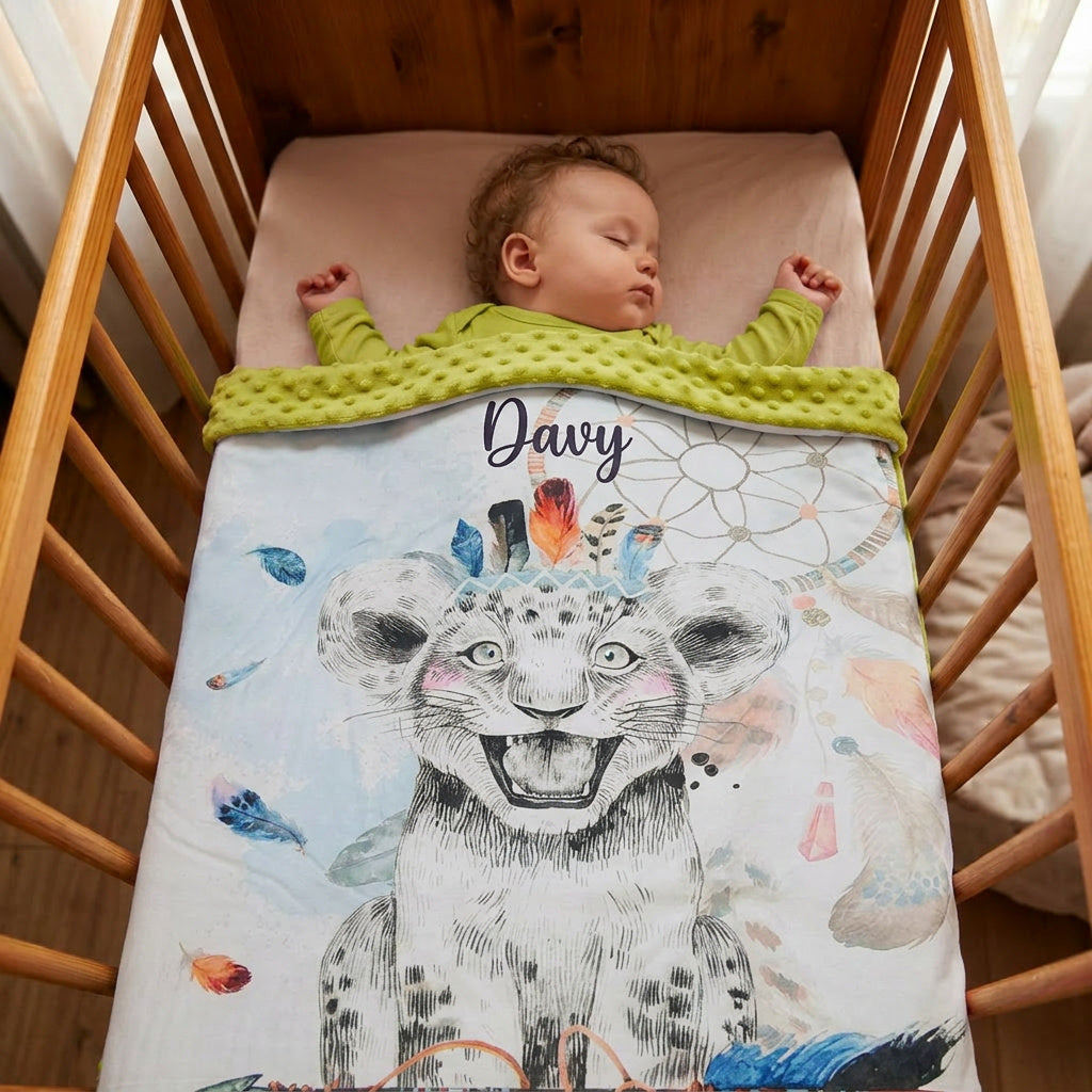 Couverture Plaid Lionceau Rêves | 70cm x 95cm | Couleur minky au choix