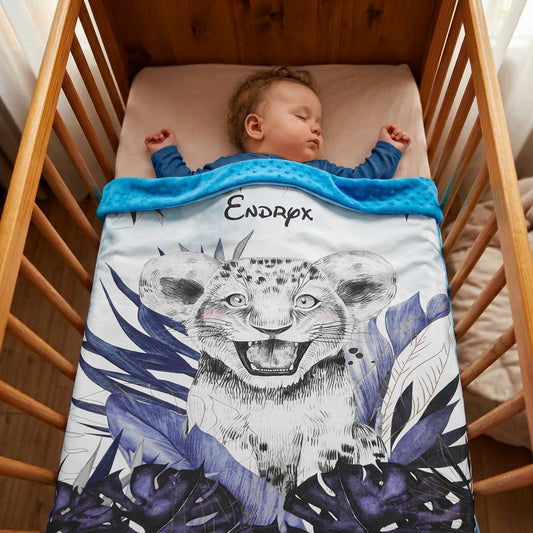 Couverture Plaid Bébé Lionceau Bleu | 70cm x 95cm | Couleur minky au choix
