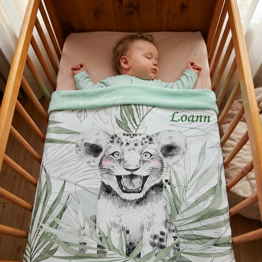 Couverture Plaid Bébé Lionceau Vert | 70cm x 95cm | Couleur minky au choix
