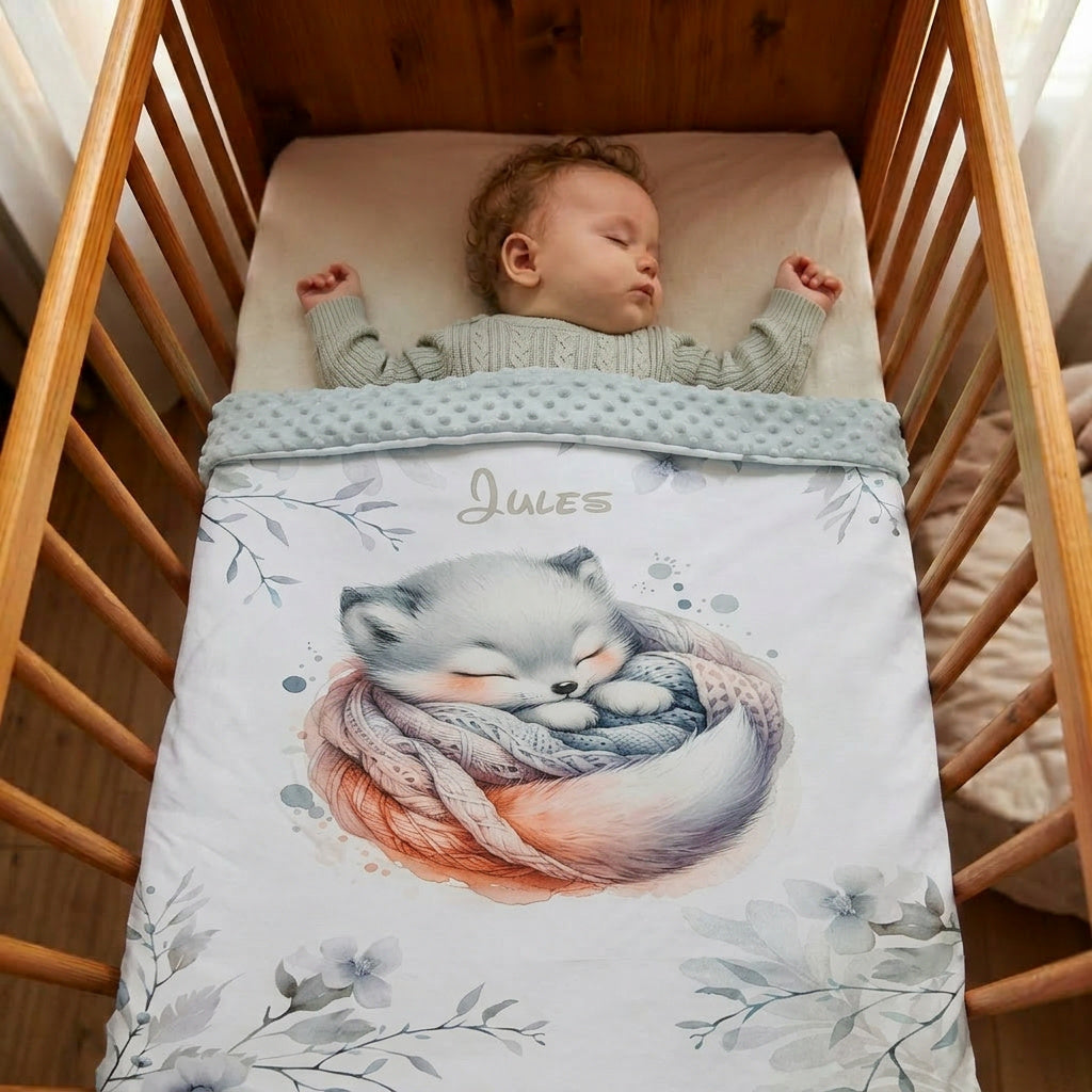 Couverture Plaid Bébé | Louveteau Endormi | 70cm x 95cm | A Personnaliser