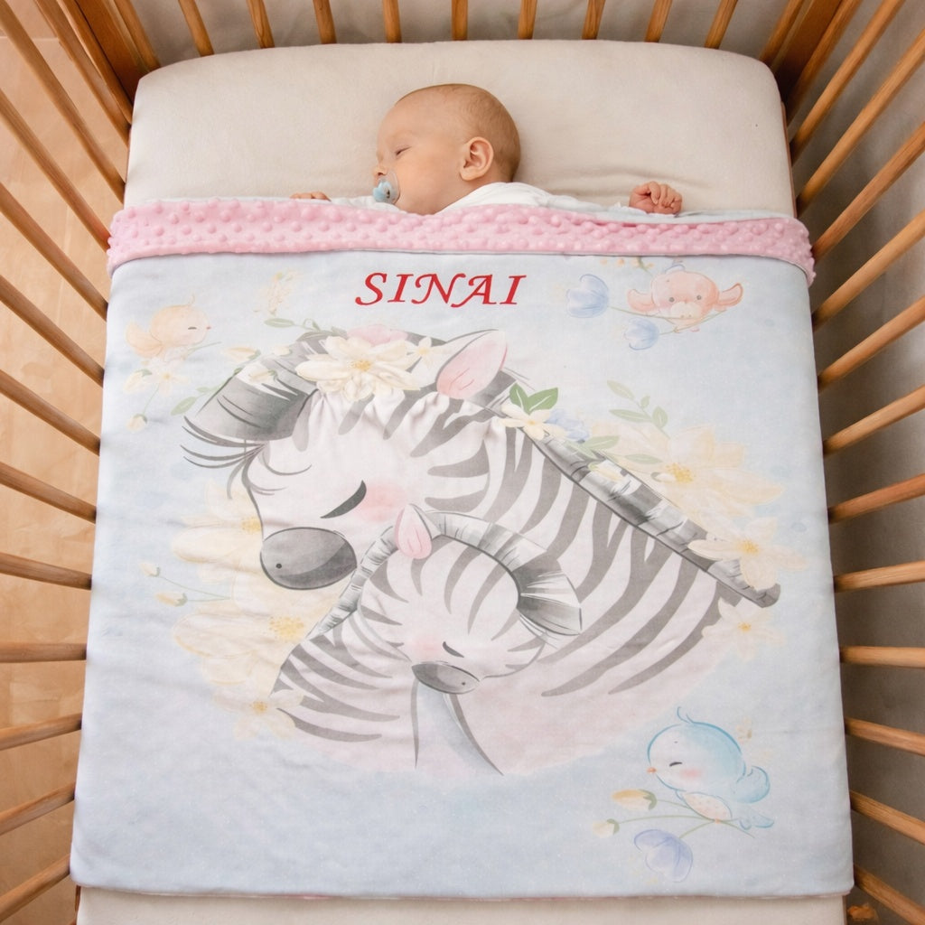 Couverture Plaid Bébé Zèbre | 70cm x 95cm | Couleur minky au choix