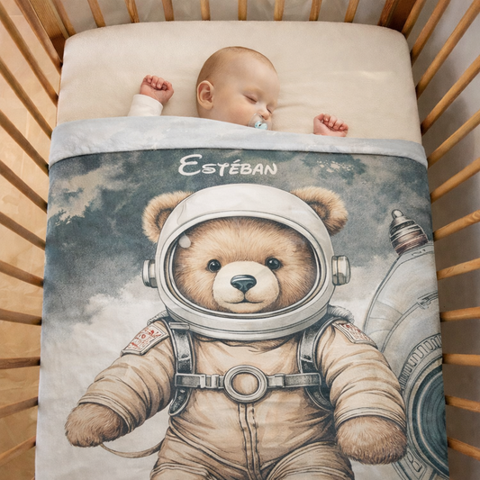 Couverture Plaid Bébé | Ourson Astronaute | 70cm x 95cm | A Personnaliser