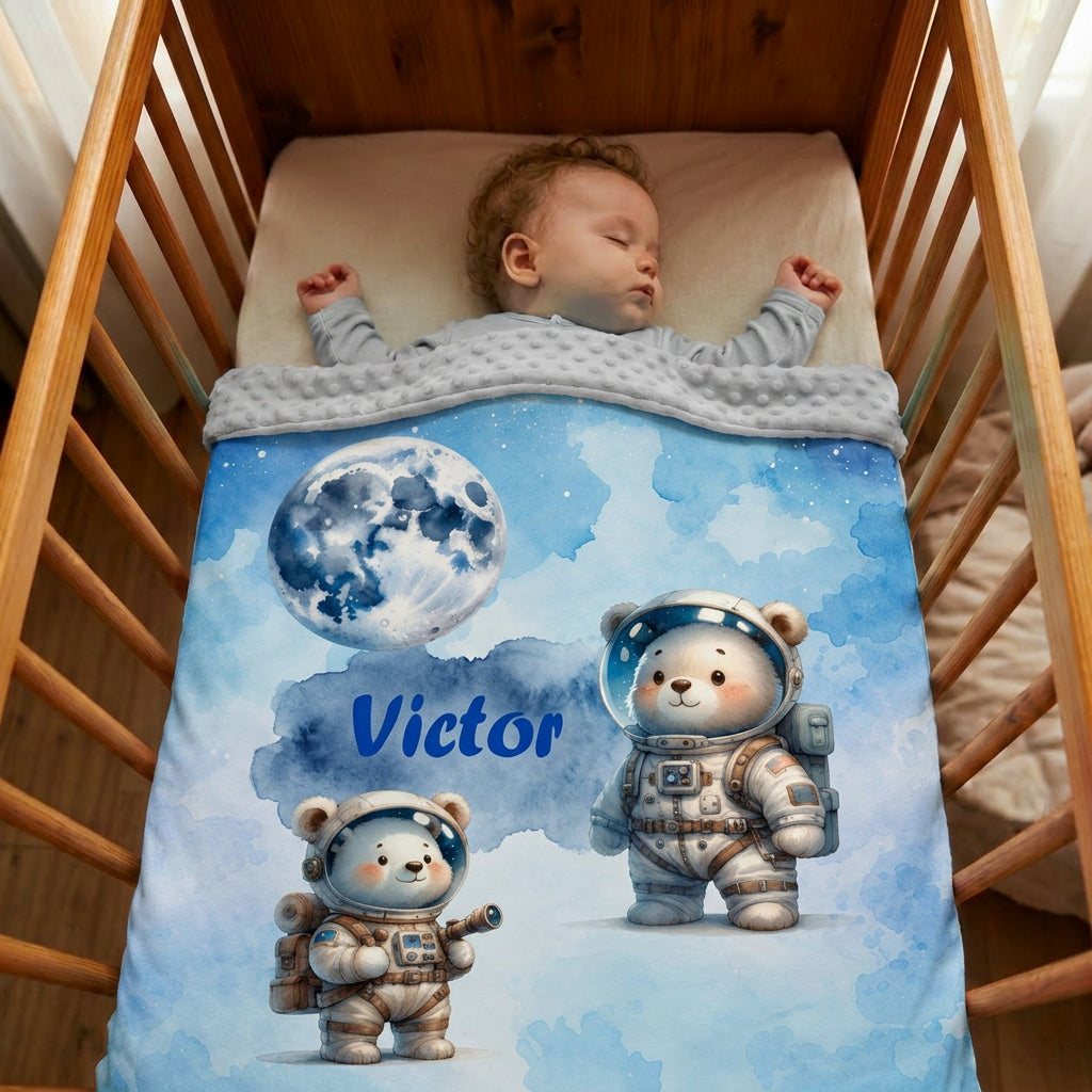 Couverture Plaid Bébé | Ourson Astronaute Bleu | 70cm x 95cm | A Personnaliser