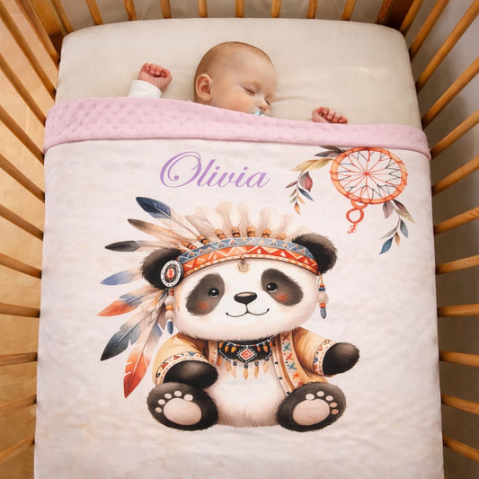 Couverture Plaid Bébé | Panda Boho Indien | 70cm x 95cm | A Personnaliser