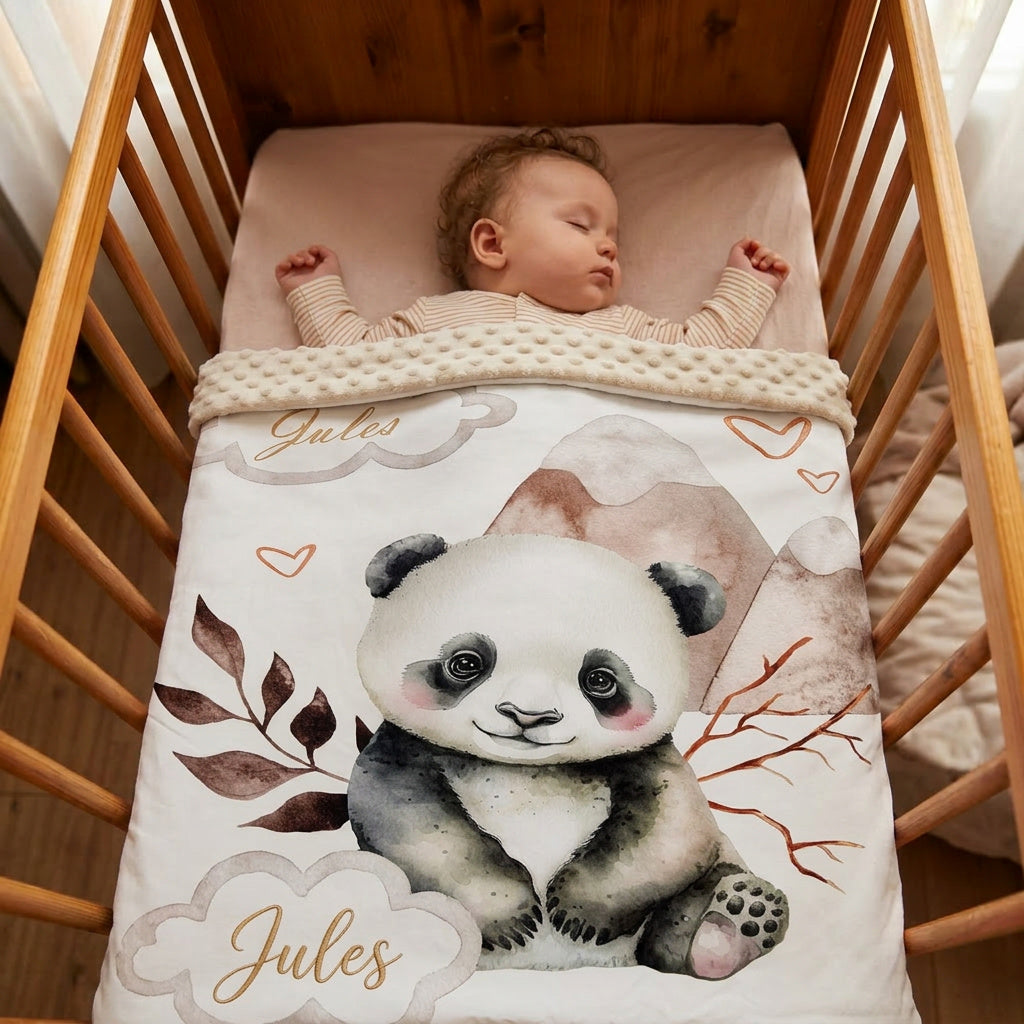 Couverture Plaid Bébé Panda Montagne | 70cm x 95cm | Couleur minky au choix