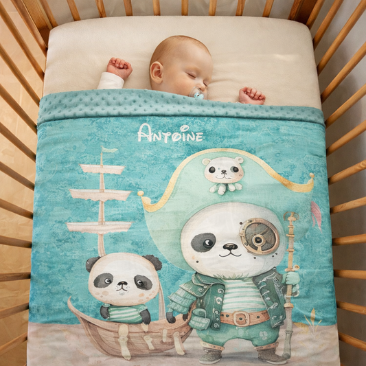 Couverture Plaid Panda Pirate | 70cm x 95cm | Couleur minky au choix