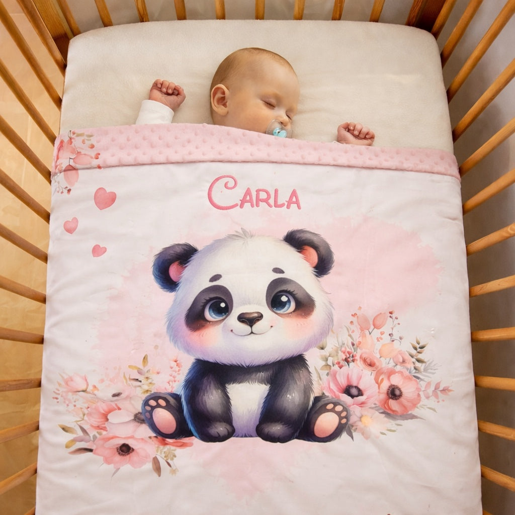 Couverture Plaid Bébé Panda Rose Fleurs Cœurs | 70cm x 95cm | A Personnaliser