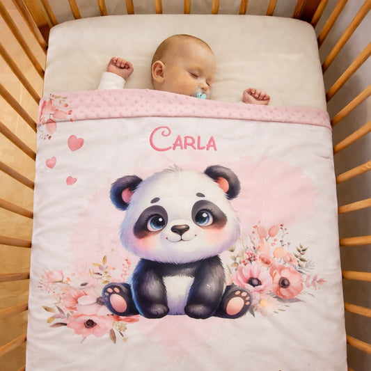 Couverture Plaid Bébé Panda Rose Fleurs Cœurs | 70cm x 95cm | A Personnaliser