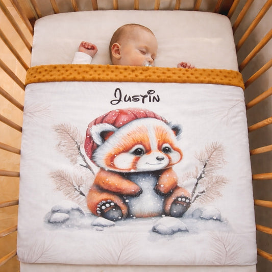 Couverture Plaid Bébé | Panda Roux Hivernal | 70cm x 95cm | A Personnaliser