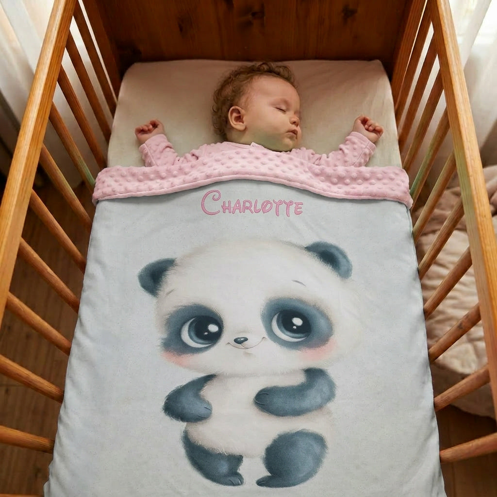 Couverture Plaid Bébé Panda Gris | 70cm x 95cm | Couleur minky au choix