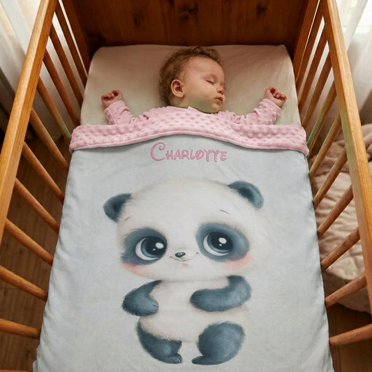 Couverture Plaid Bébé Panda Gris | 70cm x 95cm | Couleur minky au choix