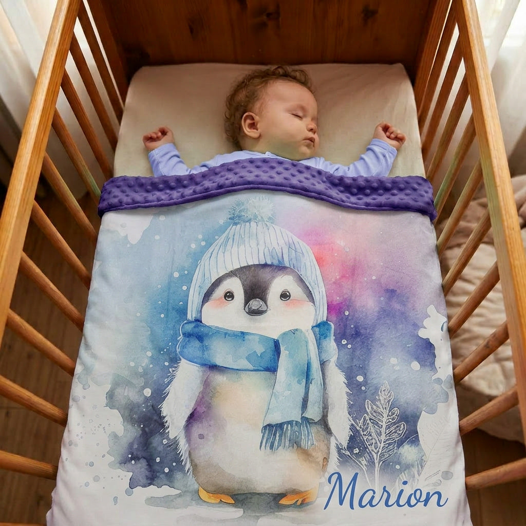Couverture Plaid Pingouin Arctique | 70cm x 95cm | Couleur minky au choix