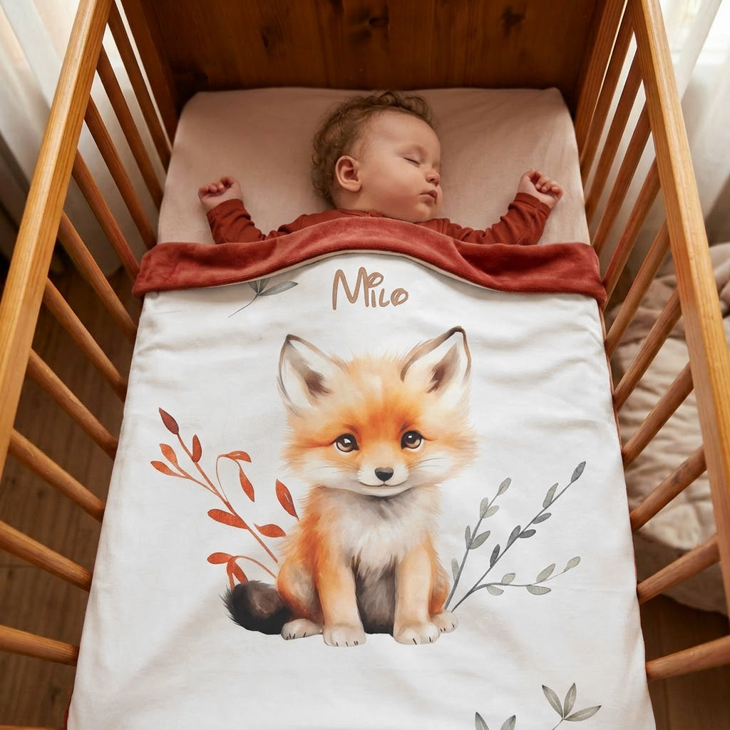 Couverture Plaid Renard Forêt | 70cm x 95cm | Couleur minky au choix