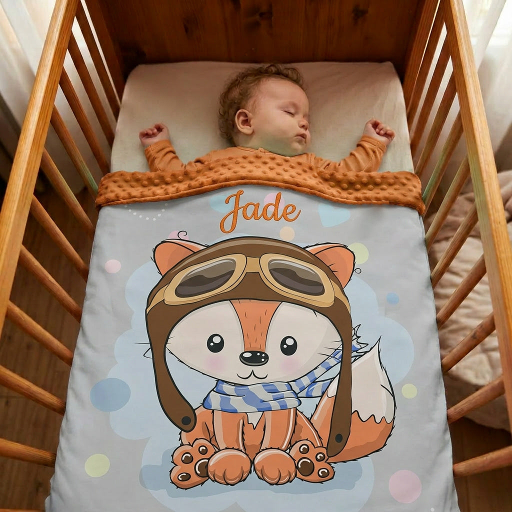 Couverture Plaid Bébé Renard Pilote | 70cm x 95cm | Couleur minky au choix
