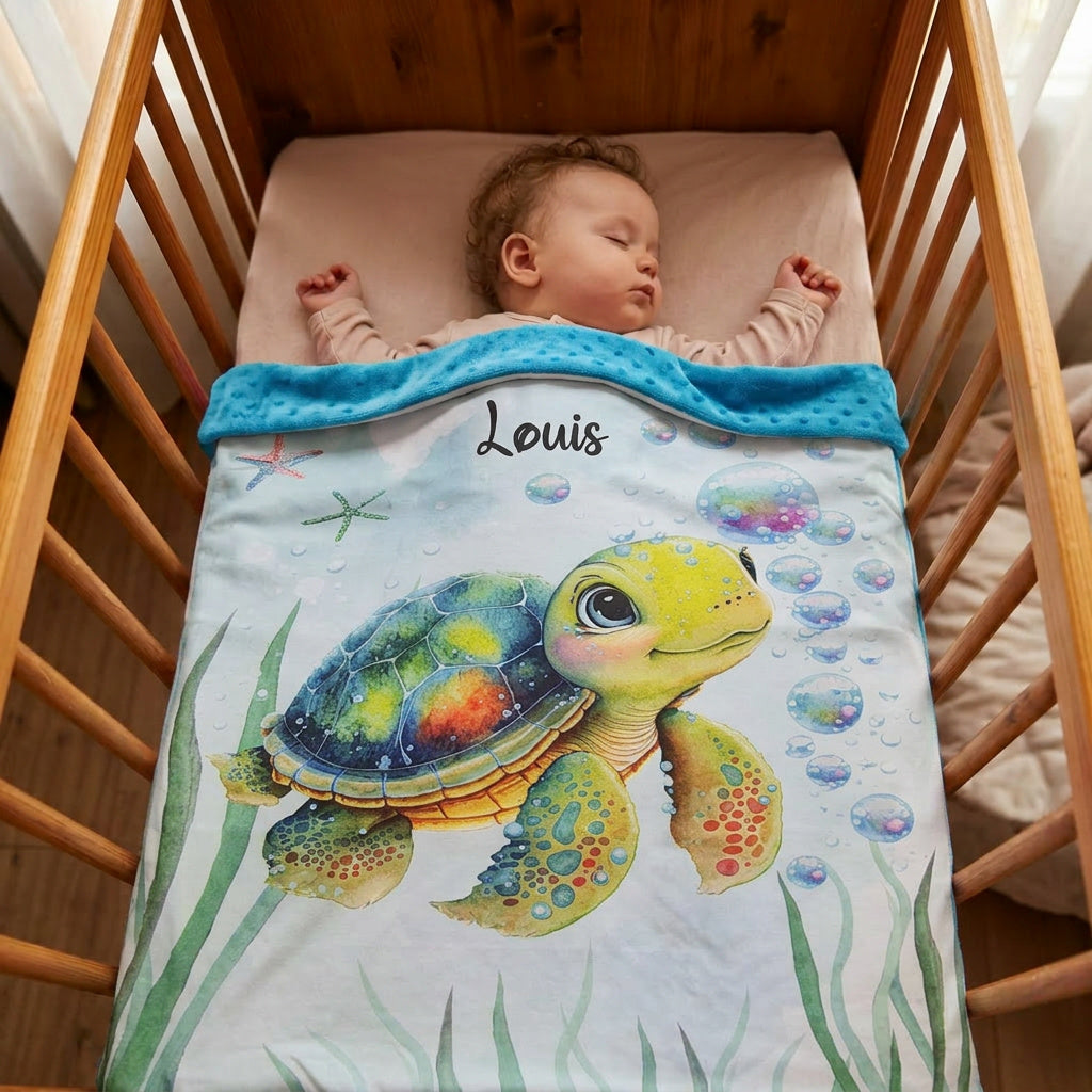 Couverture Plaid Tortue de Mer Garçon | 70cm x 95cm | Couleur minky au choix