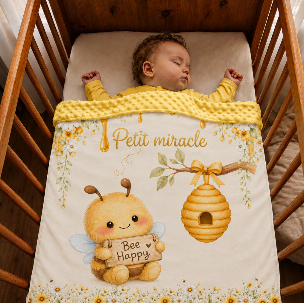 Couverture Plaid Bébé | Abeille Bee Happy | 70cm x 95cm | A Personnaliser