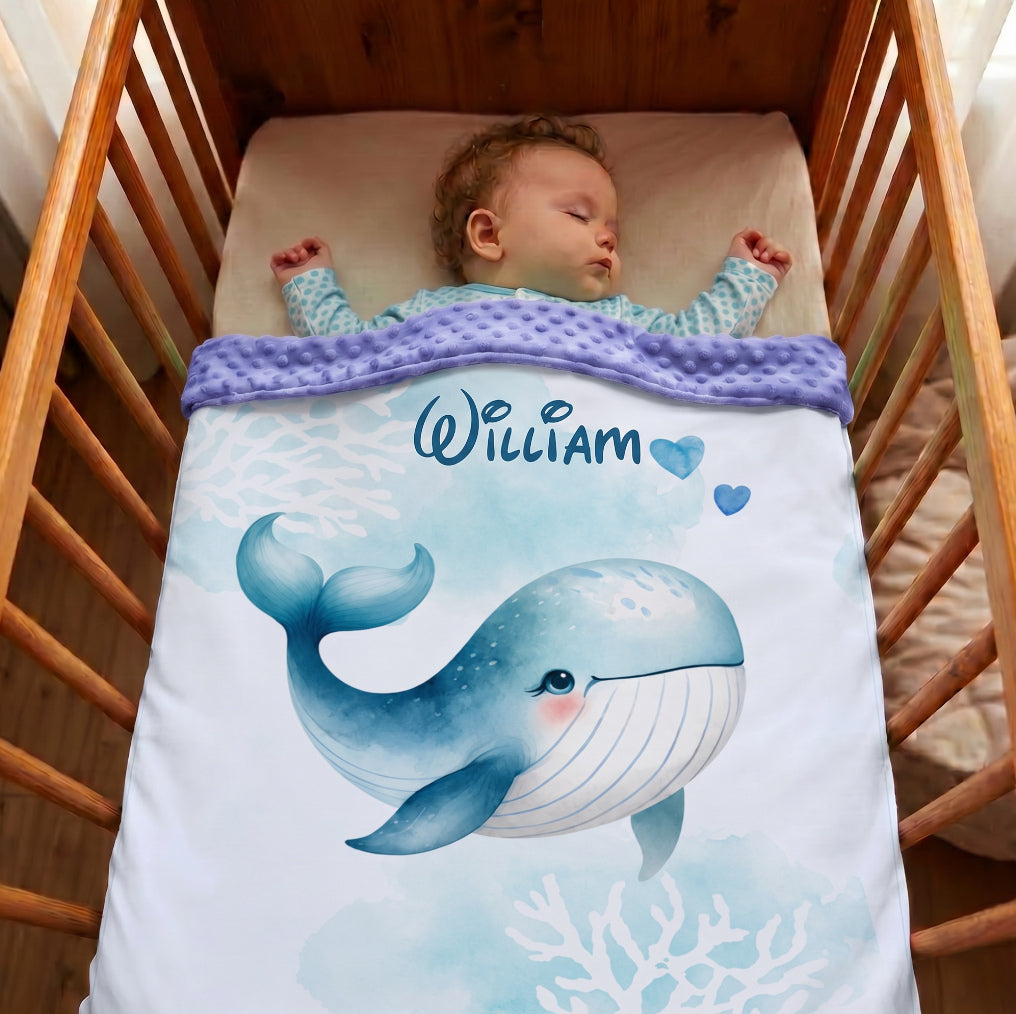 Couverture Plaid Bébé | Baleine Bleue | 70cm x 95cm | A Personnaliser