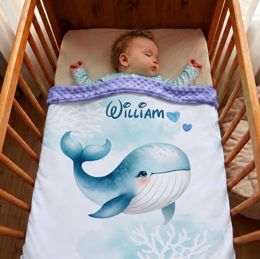 Couverture Plaid Bébé | Baleine Bleue | 70cm x 95cm | A Personnaliser