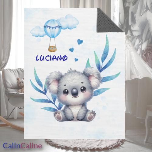 Couverture Plaid Bébé | Koala Ballon Bleu | 70cm x 95cm | A Personnaliser