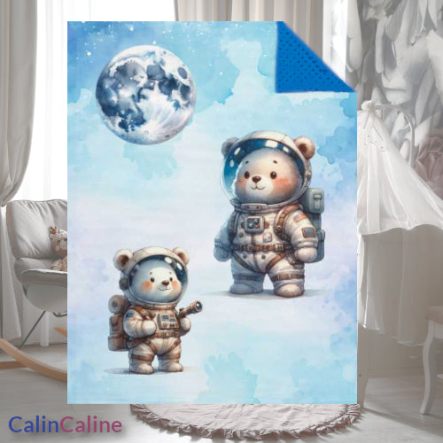 Couverture Plaid Bébé | Ourson Astronaute Bleu | 70cm x 95cm | A Personnaliser