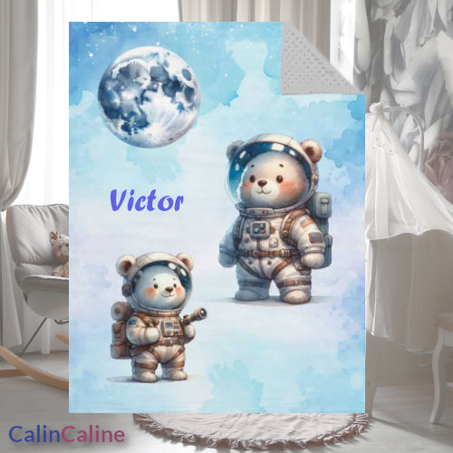 Couverture Plaid Bébé | Ourson Astronaute Bleu | 70cm x 95cm | A Personnaliser