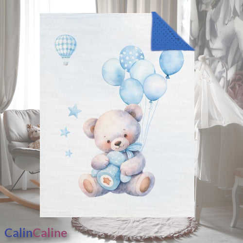 Couverture Plaid Bébé | Ourson Ballons Bleu | 70cm x 95cm | A Personnaliser