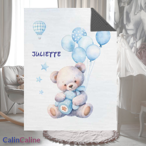 Couverture Plaid Bébé | Ourson Ballons Bleu | 70cm x 95cm | A Personnaliser