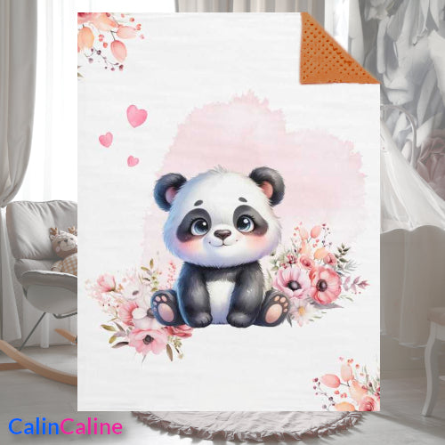 Couverture Plaid Bébé Panda Rose Fleurs Cœurs | 70cm x 95cm | A Personnaliser