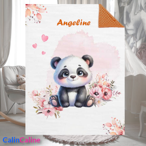 Couverture Plaid Bébé Panda Rose Fleurs Cœurs | 70cm x 95cm | A Personnaliser