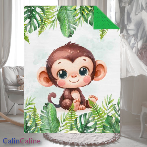 Couverture Plaid Bébé | Singe Bébé Feuilles | 70cm x 95cm | A Personnaliser