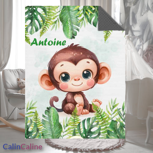 Couverture Plaid Bébé | Singe Bébé Feuilles | 70cm x 95cm | A Personnaliser