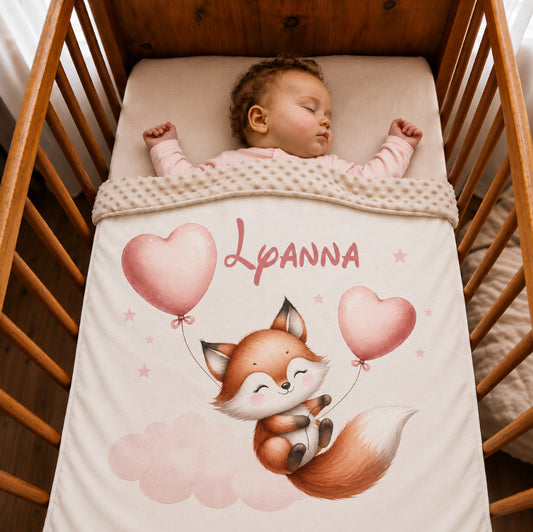 Couverture Plaid Bébé | Renard & Ballon Coeur | 70cm x 95cm | A Personnaliser