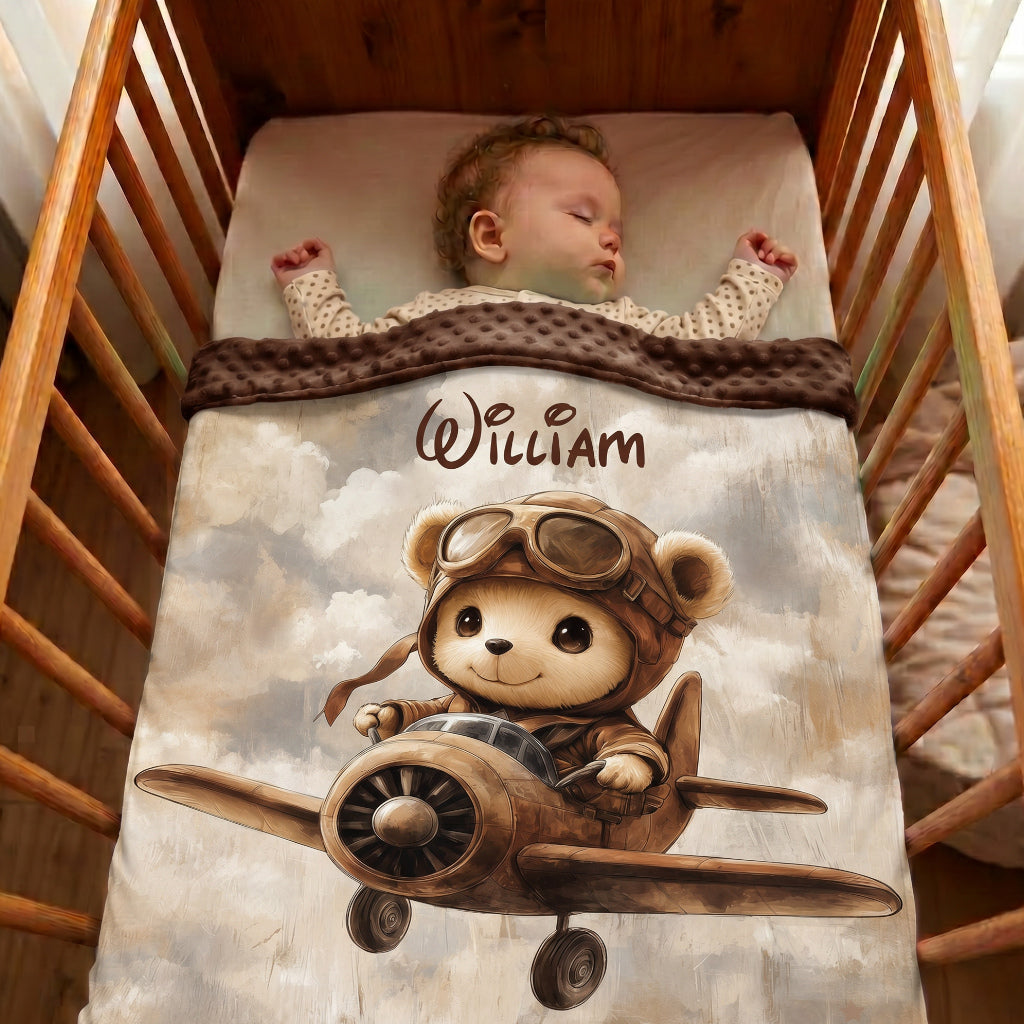 Couverture Plaid Bébé | Teddy Pilote Brun | 70cm x 95cm | A Personnaliser