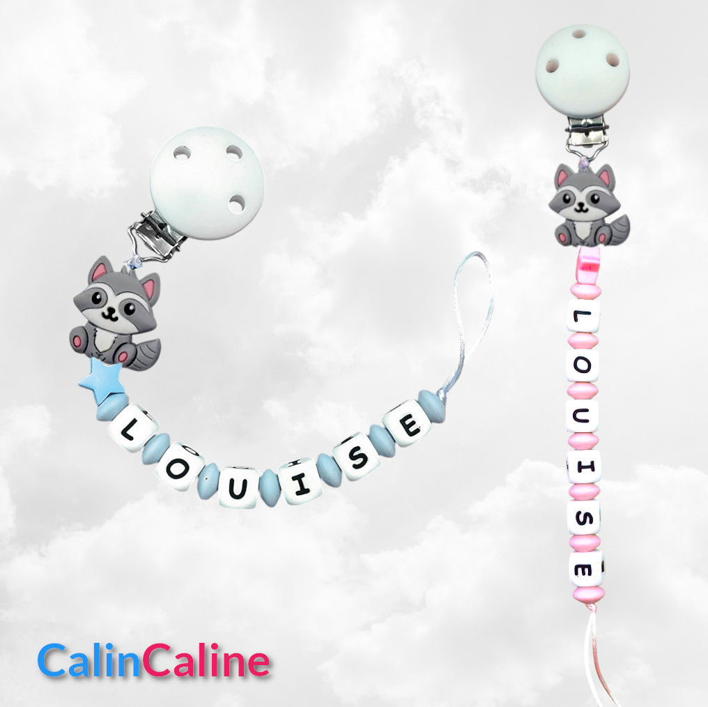 Attache Sucette A Perles En Silicone | Prénom Personnalisée | Raton Laveur