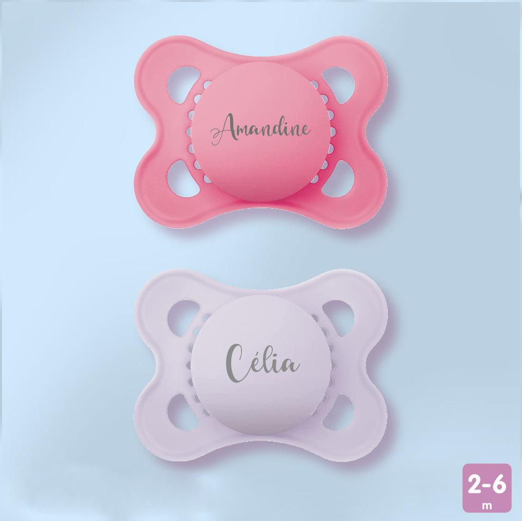 2 Sucettes MAM PURE personnalisées | 2-6 mois | 100% Durable Rose Violet Mate
