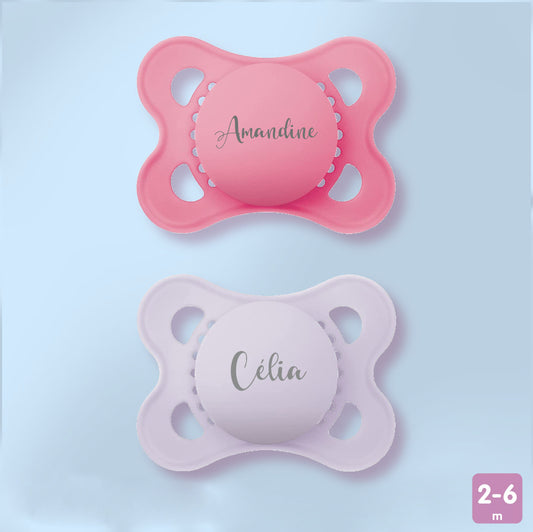 2 Sucettes MAM PURE personnalisées | 2-6 mois | 100% Durable Rose Violet Mate