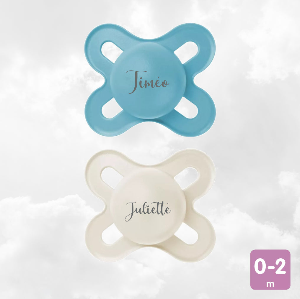 2 Sucettes MAM Naissance personnalisées | 0-2 mois | Bleu et Beige