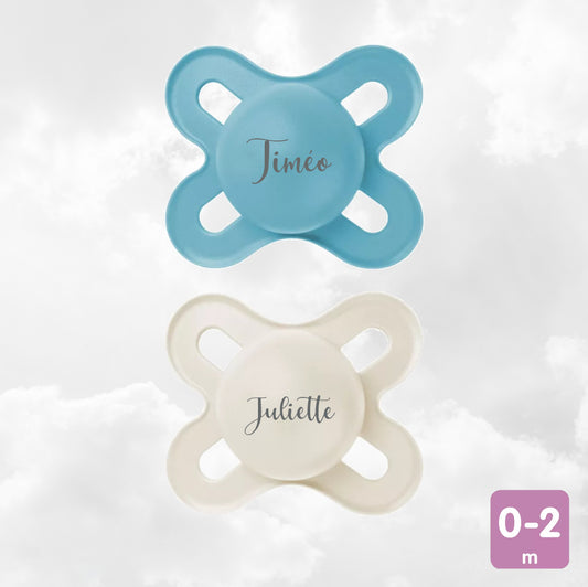 2 Sucettes MAM Naissance personnalisées | 0-2 mois | Bleu et Beige