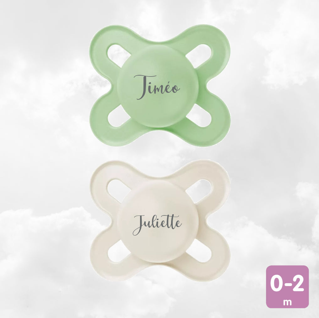 2 Sucettes MAM Naissance personnalisées | 0-2 mois | Vert et Neutre