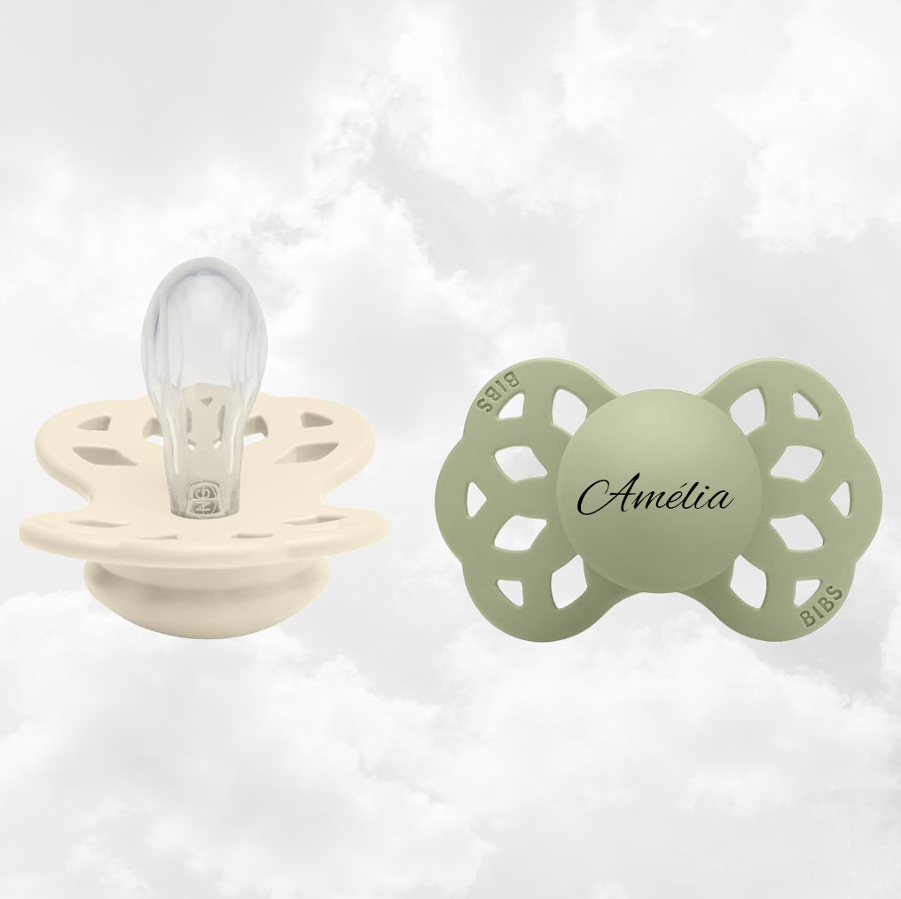 2 Sucettes physiologiques BIBS Infinity personnalisées | 0-6 mois | Ivoire Sauge