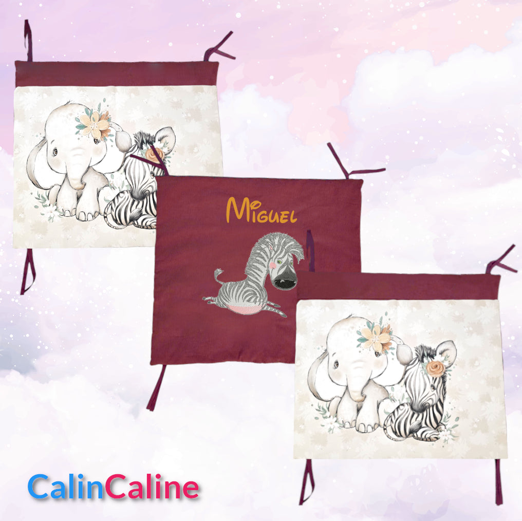 Tour de lit Eléphant Zèbre | 3 coussins 60cm x 40cm | Coton et Velours | A personnaliser