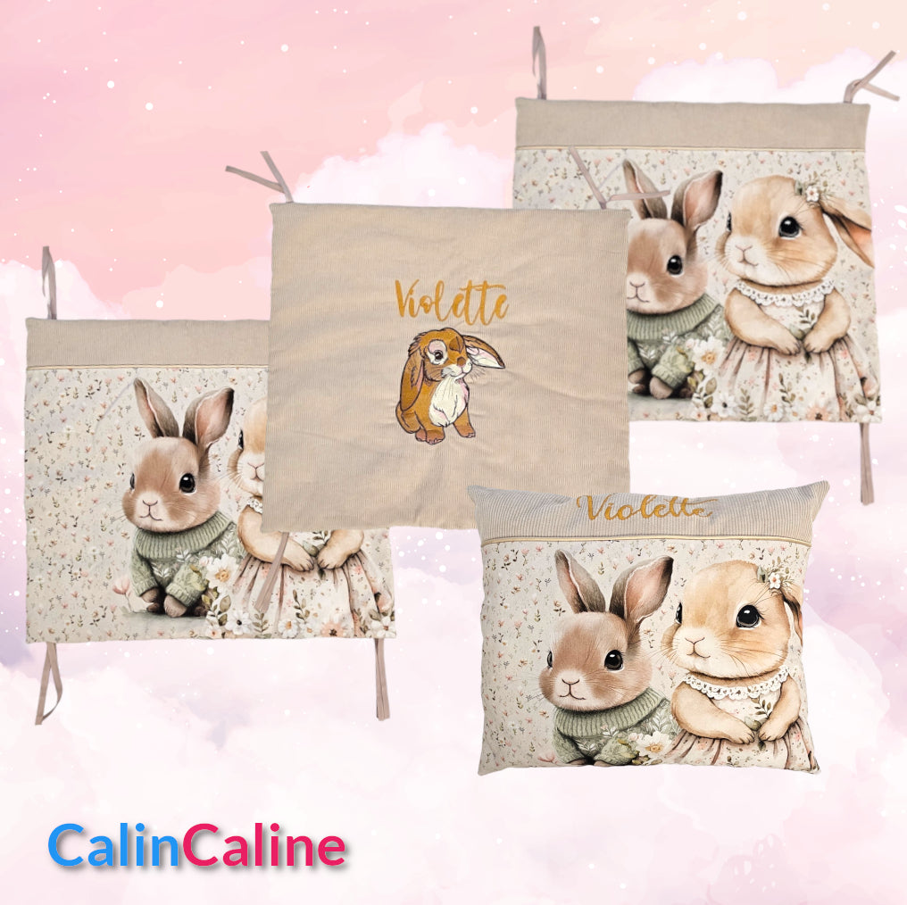 Tour de lit Lapinou | 3 coussins 60cm x 40cm | Coton et Velours | A personnaliser