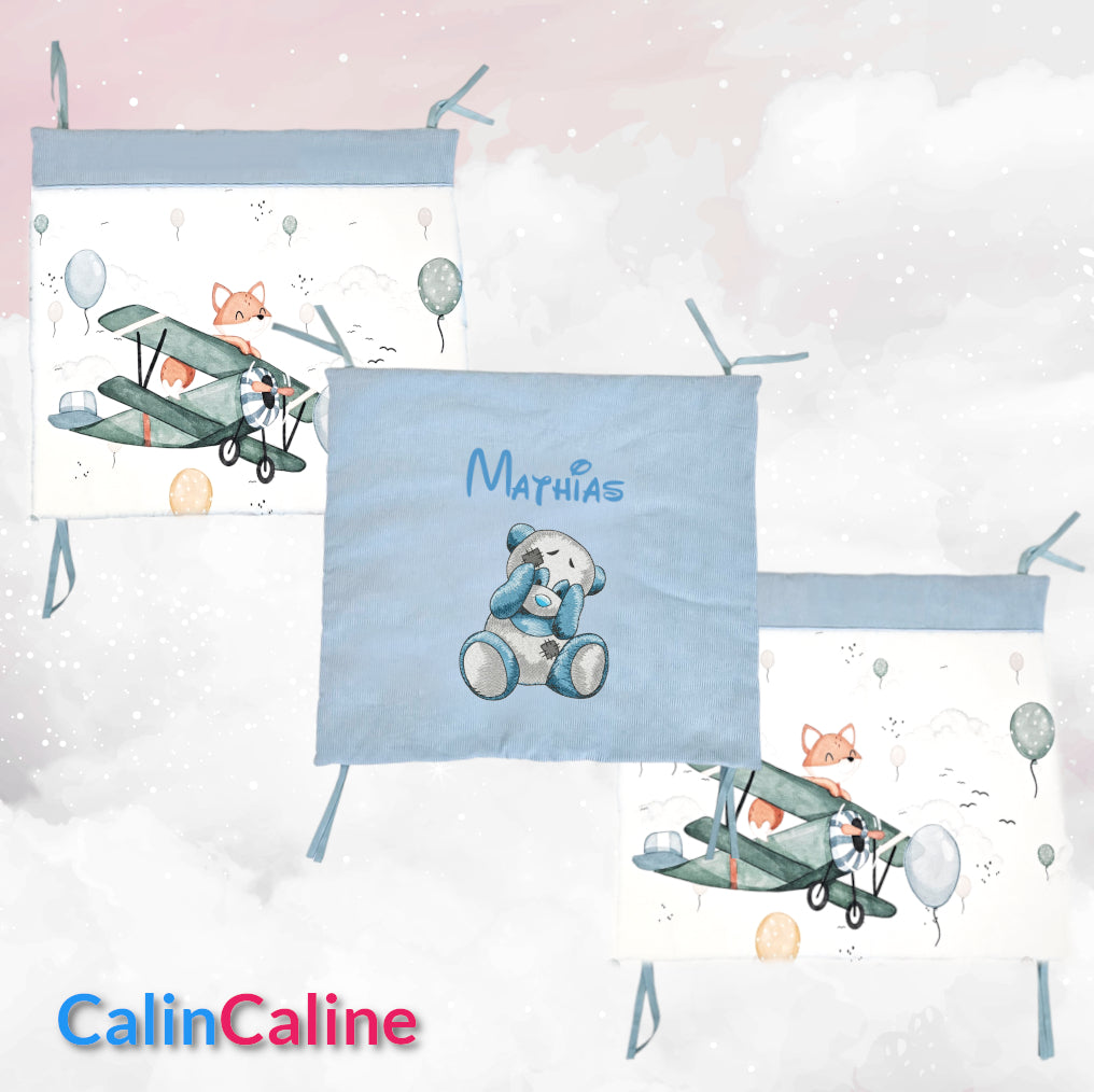 Tour de lit Renard Pilote | 3 coussins 60cm x 40cm | Coton et Velours | A personnaliser